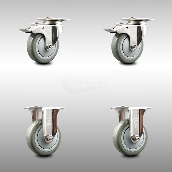 4 Inch 316SS Gray Polyurethane Swivel Top Plate Caster Lock Brake 2 Rigid, 2PK